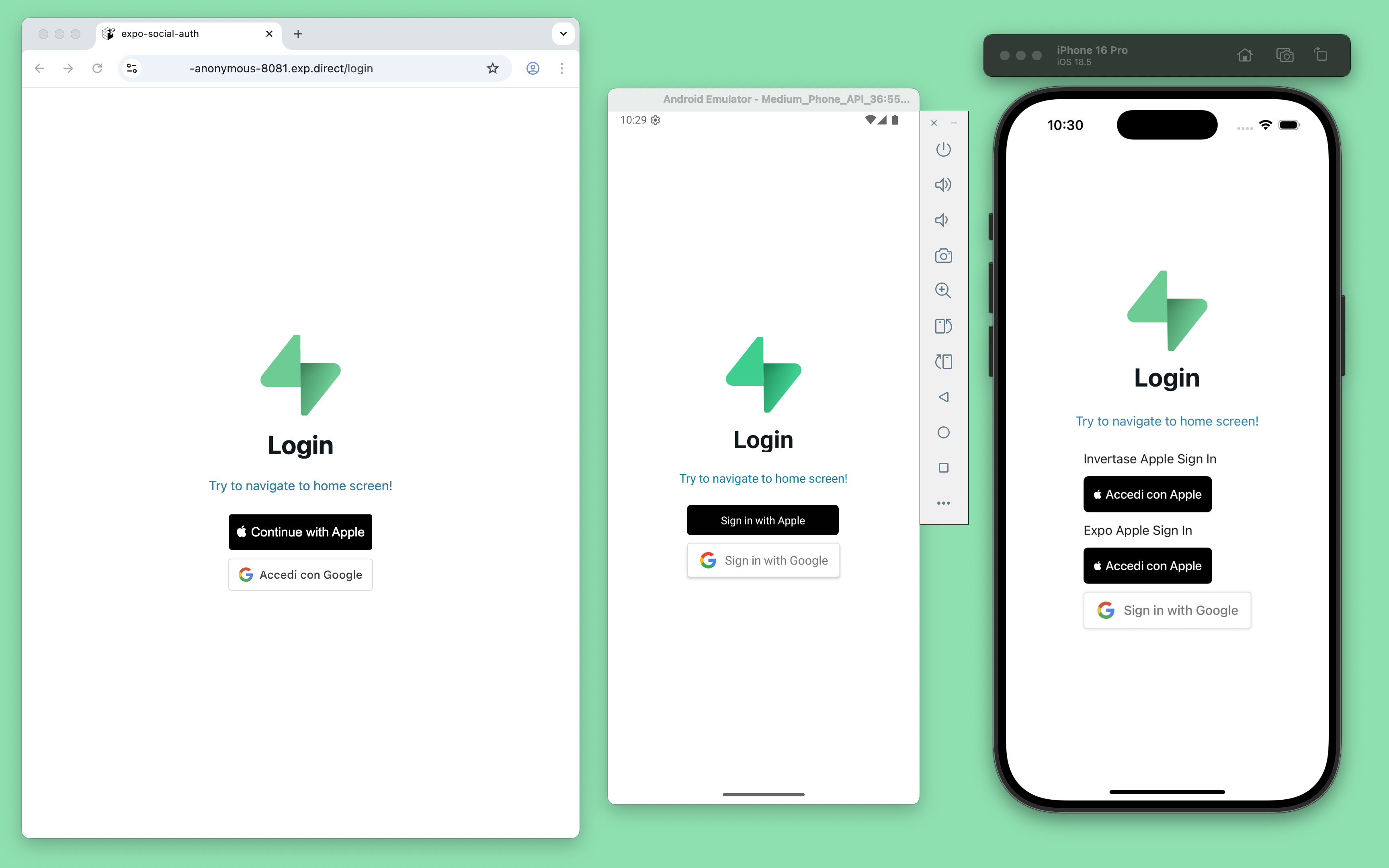The app's login screen in a web browser, an Android emulator, and an iPhone simulator. Each screen shows the Supabase logo, a Login heading, and buttons to sign in with Apple and Google.
